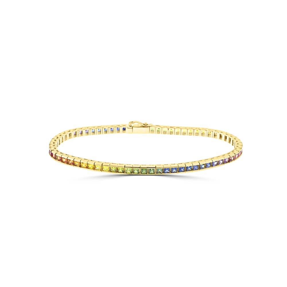 Princess Cut Rainbow Sapphire Ombré Tennis Bracelet in 18K Yellow Gold