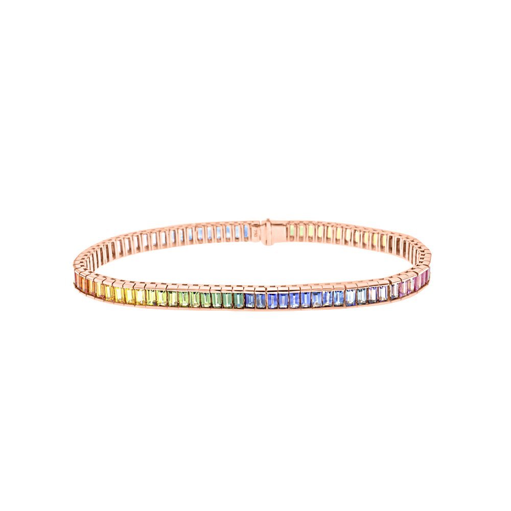 Baguette Cut Rainbow Sapphire Ombré Tennis Bracelet in 18K Rose Gold