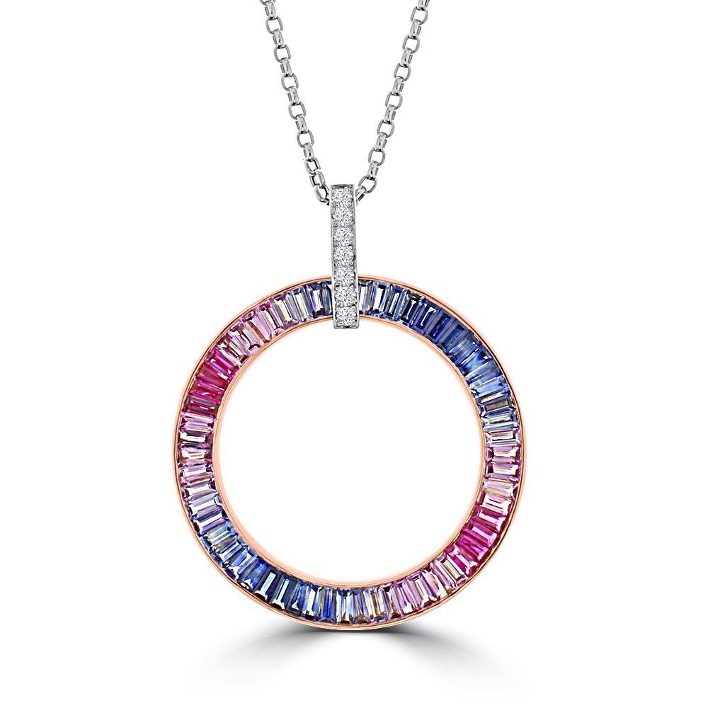 Rainbow Sapphire Diamond Open Circle Pendant with Chain
