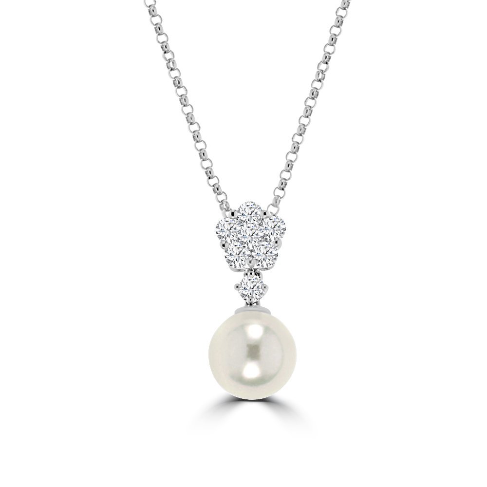 Akoya Pearl Diamond Floral Drop Pendant with Chain