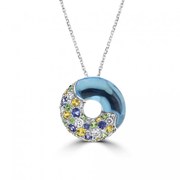Blue Topaz Rainbow Sapphire Diamond Donut Pendant with Chain in 18K White Gold