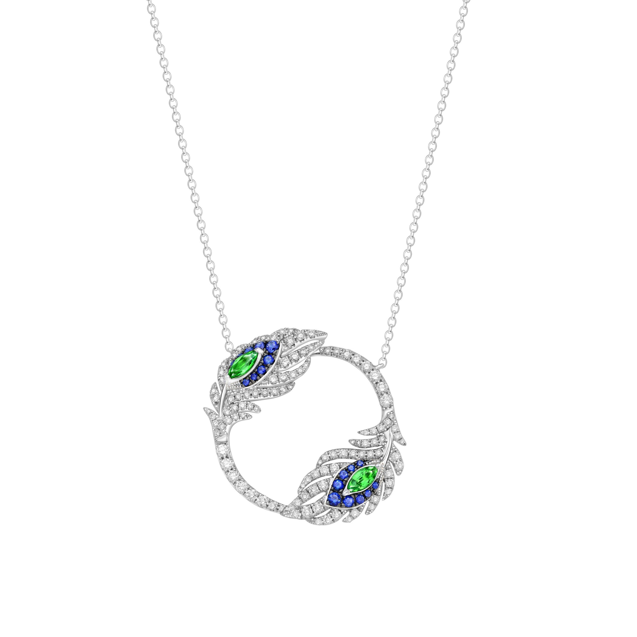 Green Garnet Sapphire Diamond Feather Open Circle Pendant with Chain