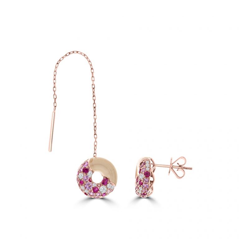 Rose Quartz Rainbow Sapphire Diamond Donut Drop Earrings in 18K Rose Gold