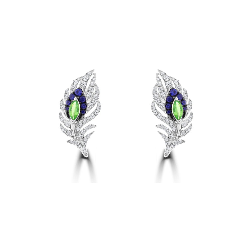 Green Garnet Sapphire Diamond Feather Earrings