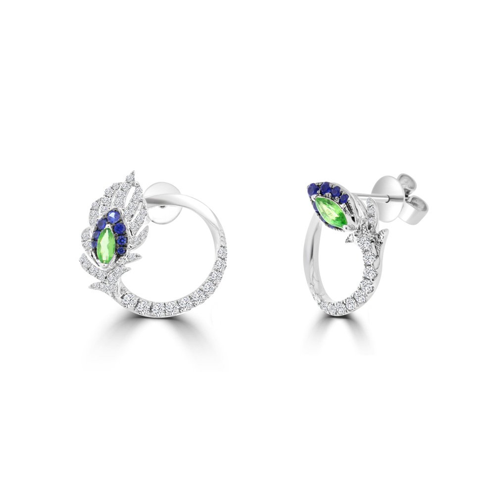 Green Garnet Sapphire Diamond Feather Front Hoop Earrings