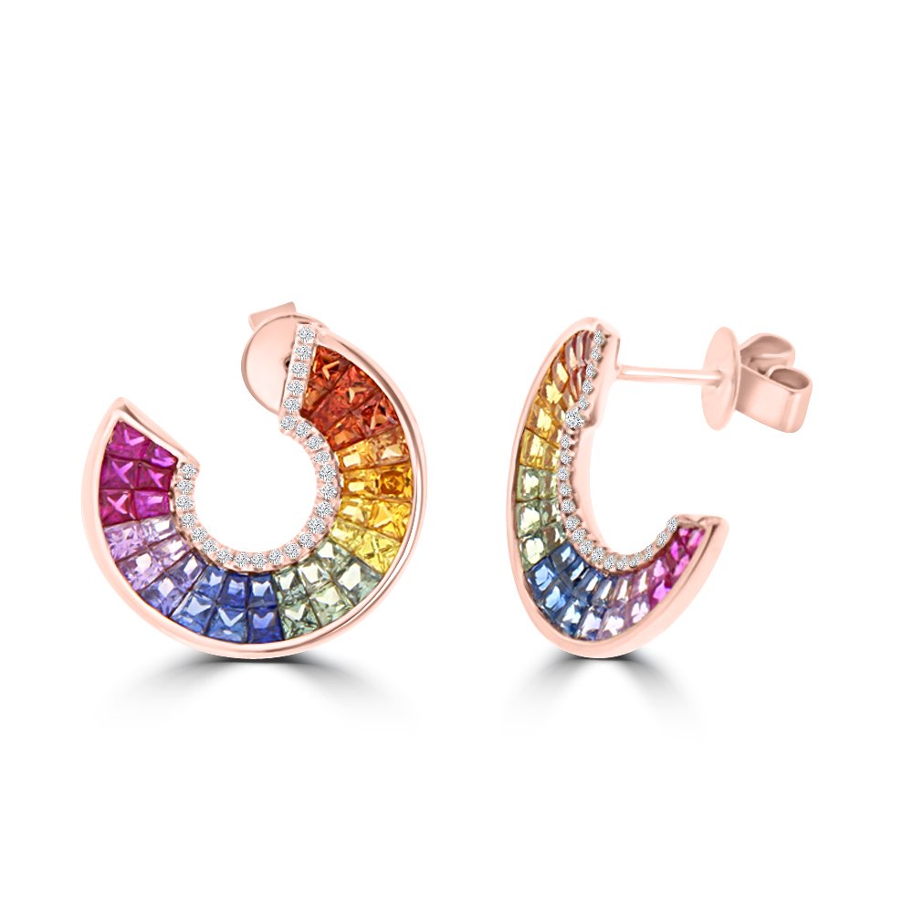 Rainbow Sapphire Diamond Open Circle Stud Earrings