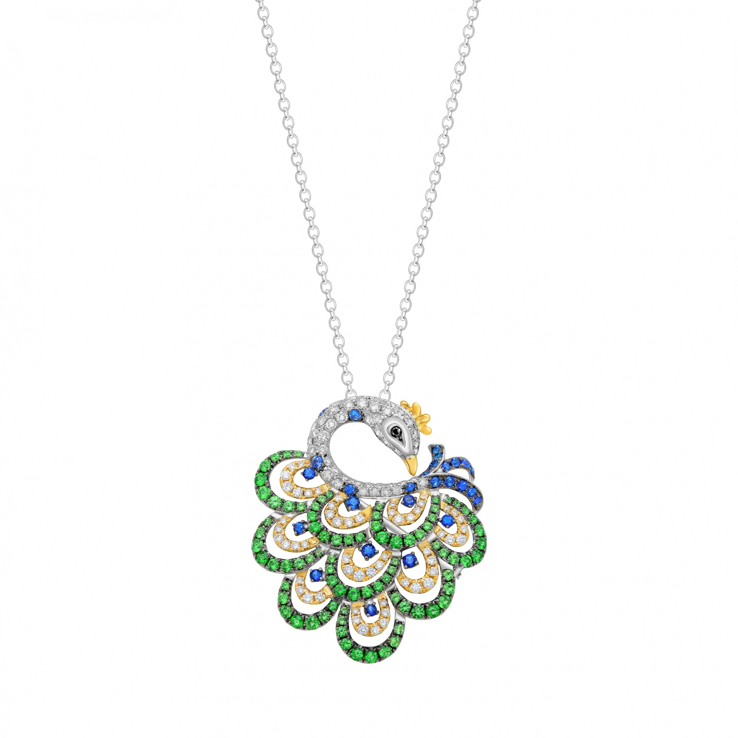 Green Garnet Sapphire Black and White Diamond Peacock Pendant with Chain