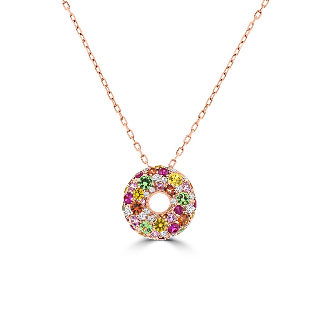 Rainbow Sapphire Diamond Donut Pendant with Chain