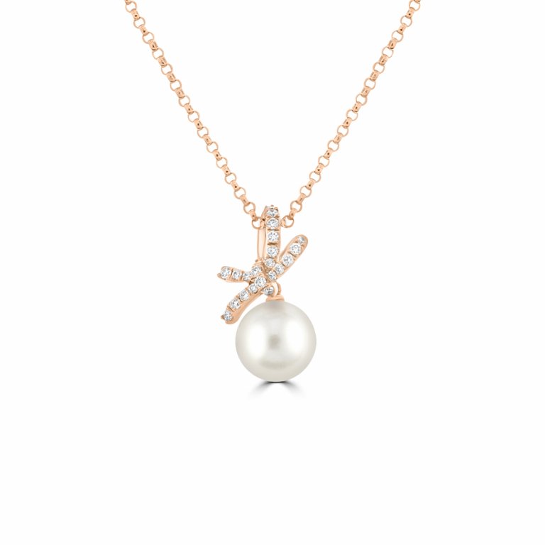 Akoya Pearl Diamond Bow Pendant with Chain in 18K Rose Gold