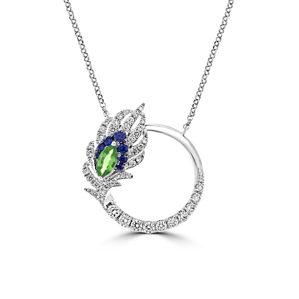Green Garnet Sapphire Diamond Feather Open Circle Pendant with Chain