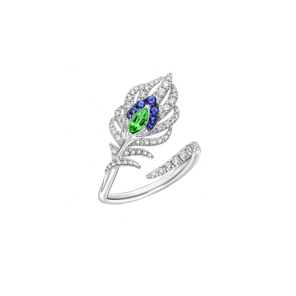 Green Garnet Sapphire Diamond Feather Ring