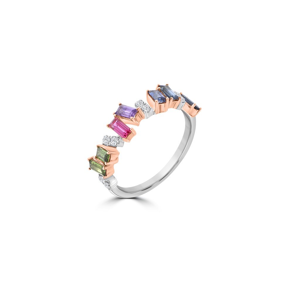 Baguette Cut Rainbow Sapphire Diamond Ring