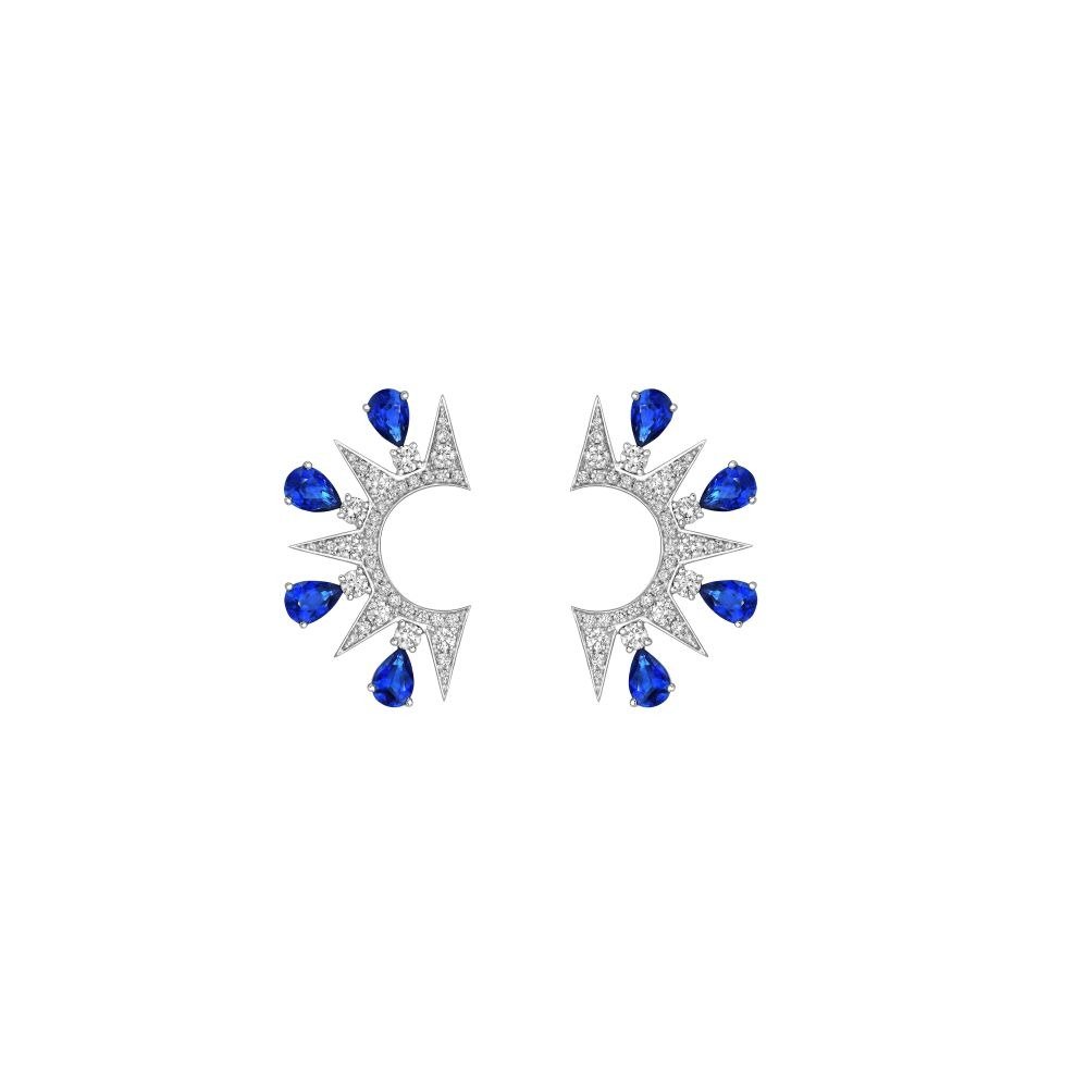 Sapphire Diamond Firework Half Circle Stud Earrings