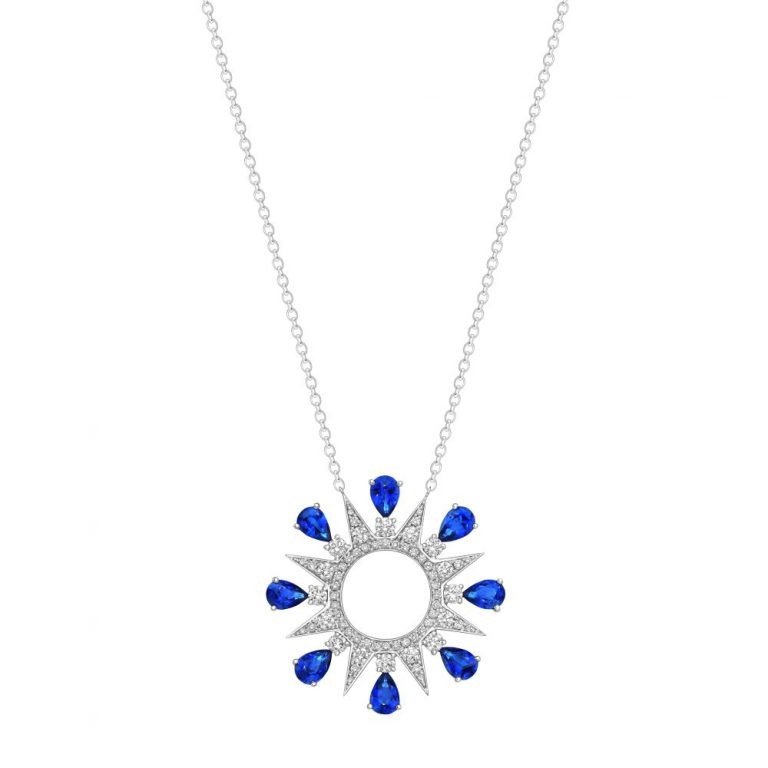 Sapphire Diamond Firework Fancy Circle Pendant with Chain in 18K White Gold