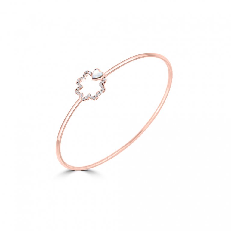 Mother of Pearl Diamond Open Clover Bangle in 18K Rose Gold