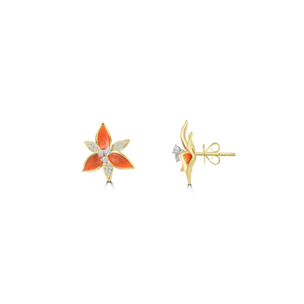 Diamond Enamel Floral Stud Earrings in 18K White Gold, 18K Yellow Gold