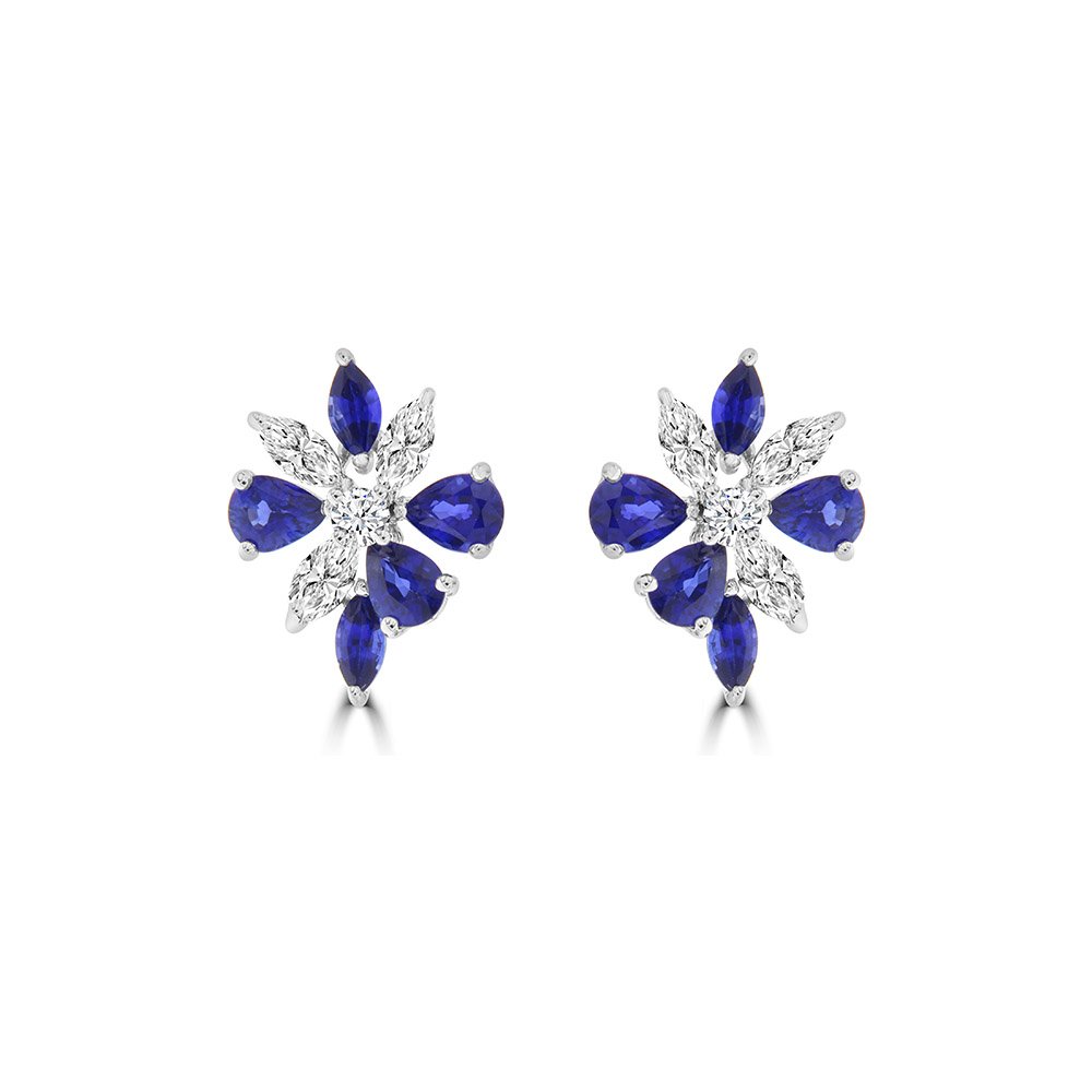 Marquise Cut Sapphire Diamond Corsage Earrings in 18K White Gold
