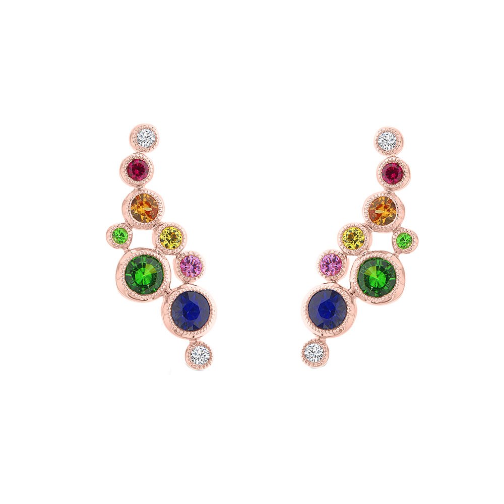 Rainbow Sapphire Ruby Green Garnet Diamond Cluster Earrings