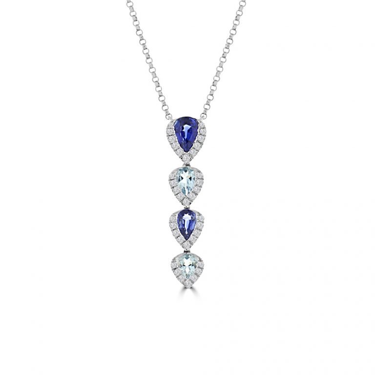 Pear Shaped Aquamarine Sapphire Diamond Teardrop Quartet Pendant with Chain in 18K White Gold