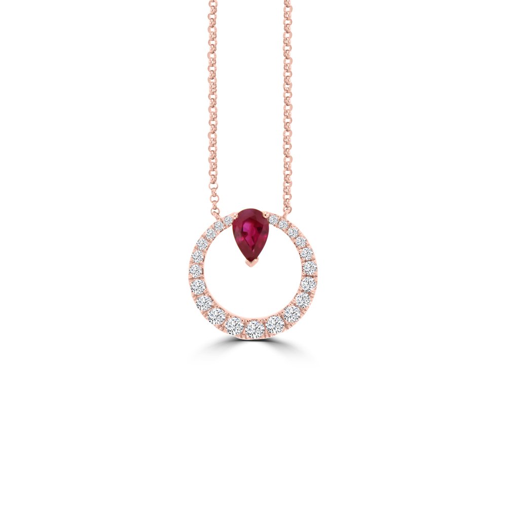 Pear Shaped Ruby Diamond Open Circle Pendant with Chain