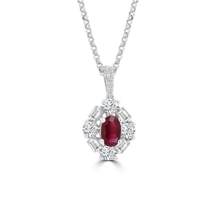 Oval Shaped Ruby Diamond Halo Pendant with Chain in 18K White Gold