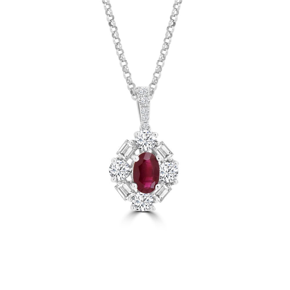 Oval Shaped Ruby Diamond Halo Pendant with Chain