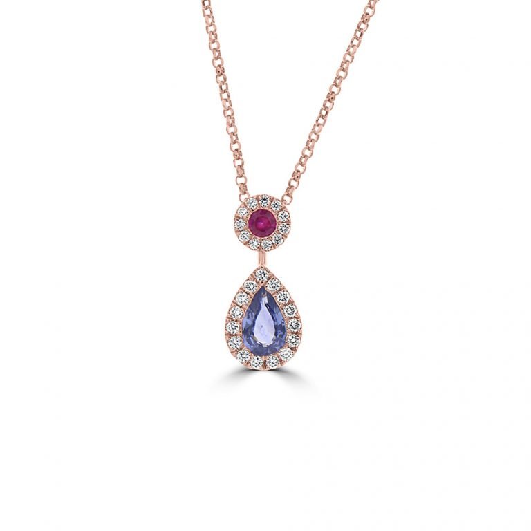 Multi Sapphire Diamond Teardrop Pendant with Chain in 18K Rose Gold
