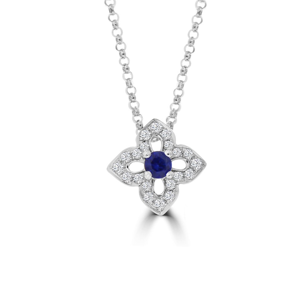 Sapphire Diamond Open Petal Floral Pendant with Chain