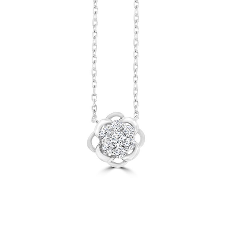 Diamond Camellia Flower Pendant with Chain in 18K White Gold