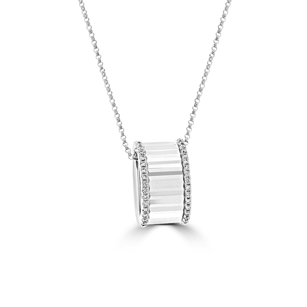 Diamond Fluted Barrel Pendant with Chain in 18K White Gold