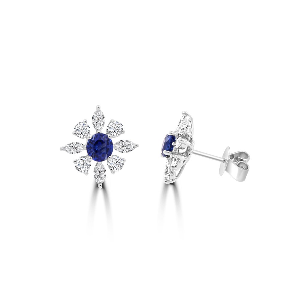 Round Sapphire Diamond Starburst Halo Stud Earrings