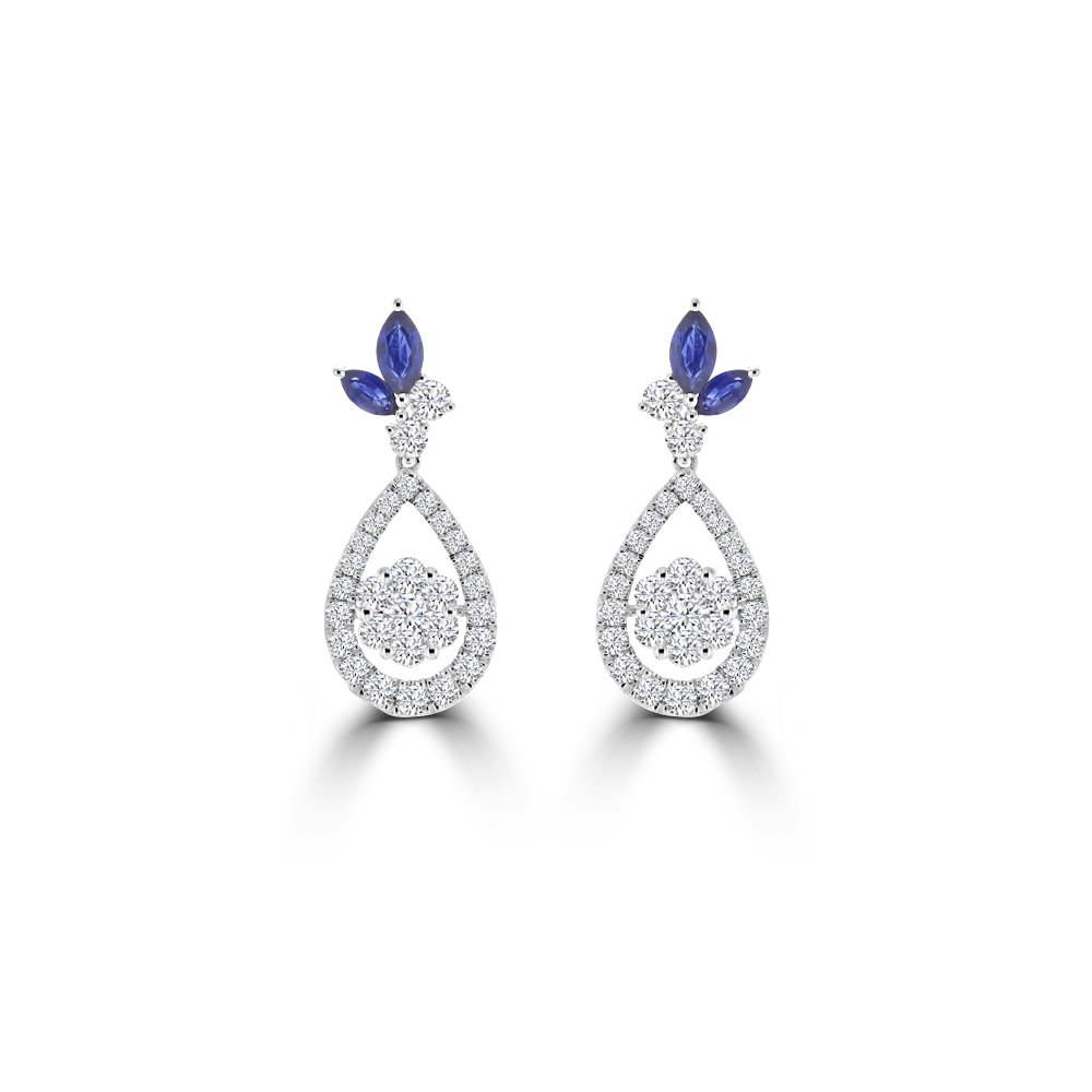Marquise Cut Sapphire Diamond Teardrop Earrings in 18K White Gold