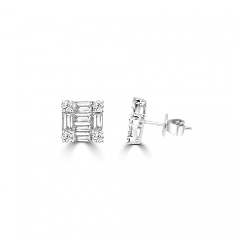 Baguette Diamond Cluster Stud Earrings in 18K White Gold