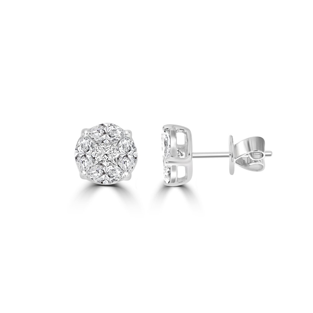 Diamond Round Cluster Stud Earrings (M)