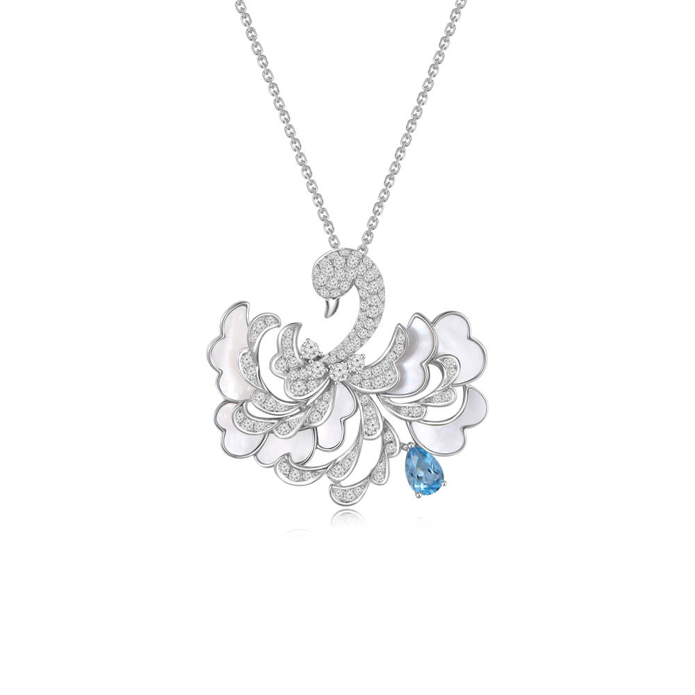 Blue Topaz Mother of Pearl Diamond Swan Pendant with Chain