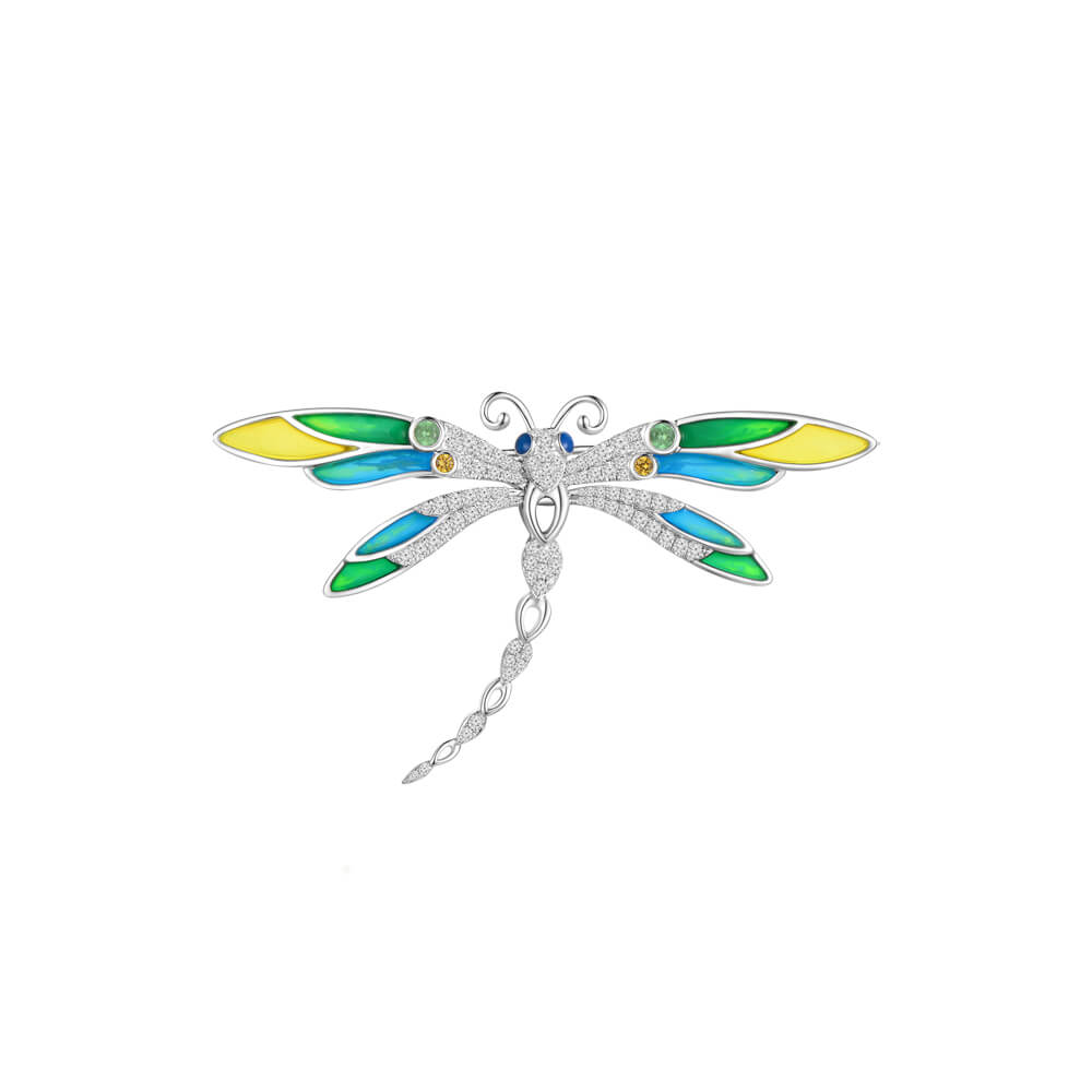 Green Garnet Yellow Sapphire Diamond Enamel Dragonfly Brooch in 18K White Gold