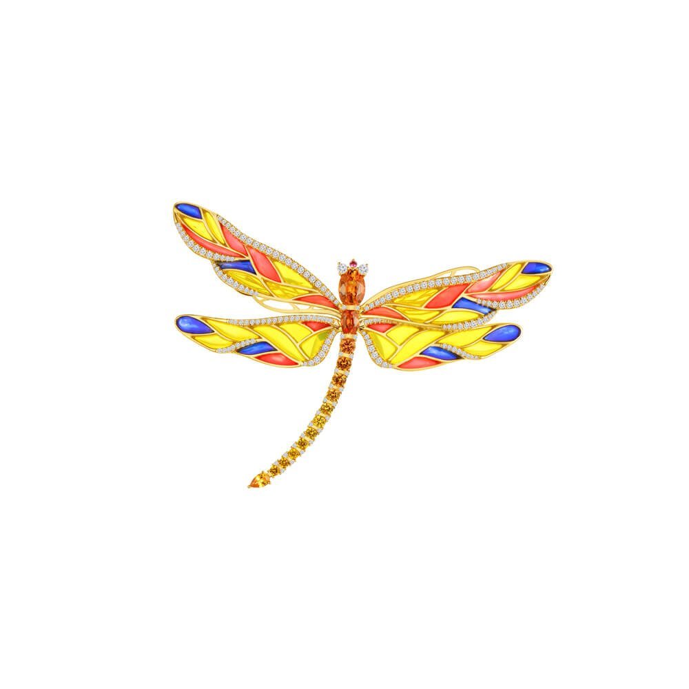 Rainbow Sapphire Diamond Enamel Dragonfly Brooch in 18K Yellow Gold