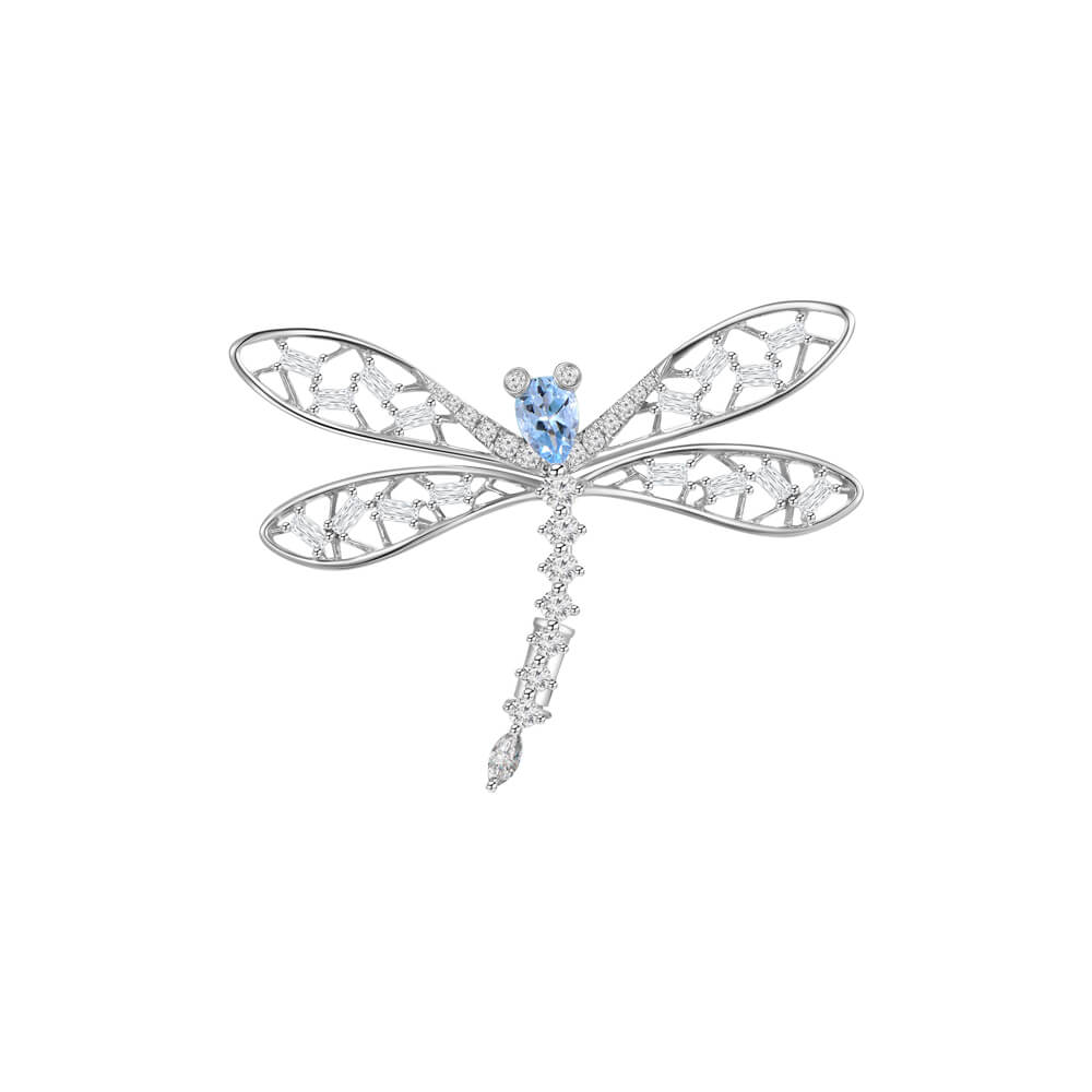Aquamarine Diamond Dragonfly Brooch in 18K White Gold