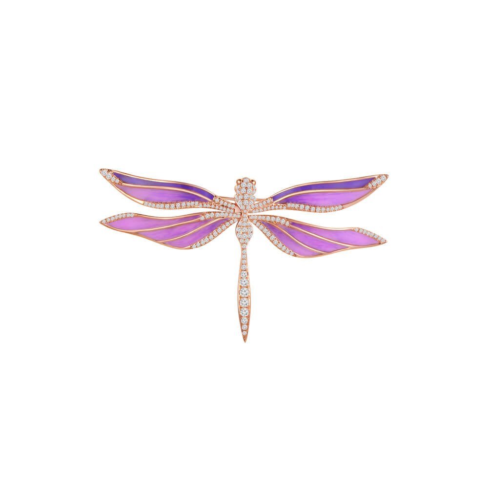 Diamond Enamel Dragonfly Brooch in 18K Rose Gold