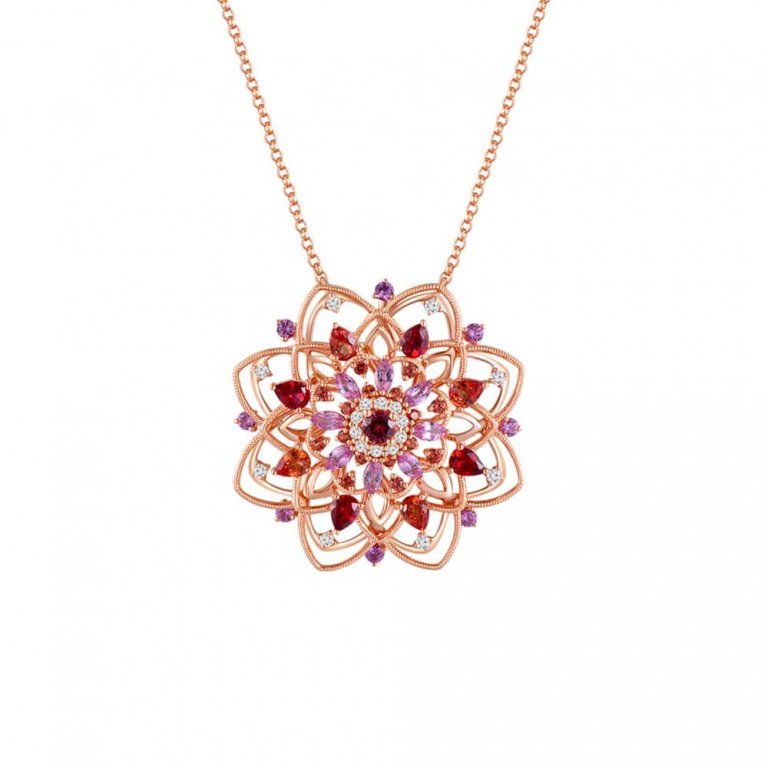 Multicolour Sapphire Diamond Kaleidoscope Pendant with Chain in 18K Rose Gold