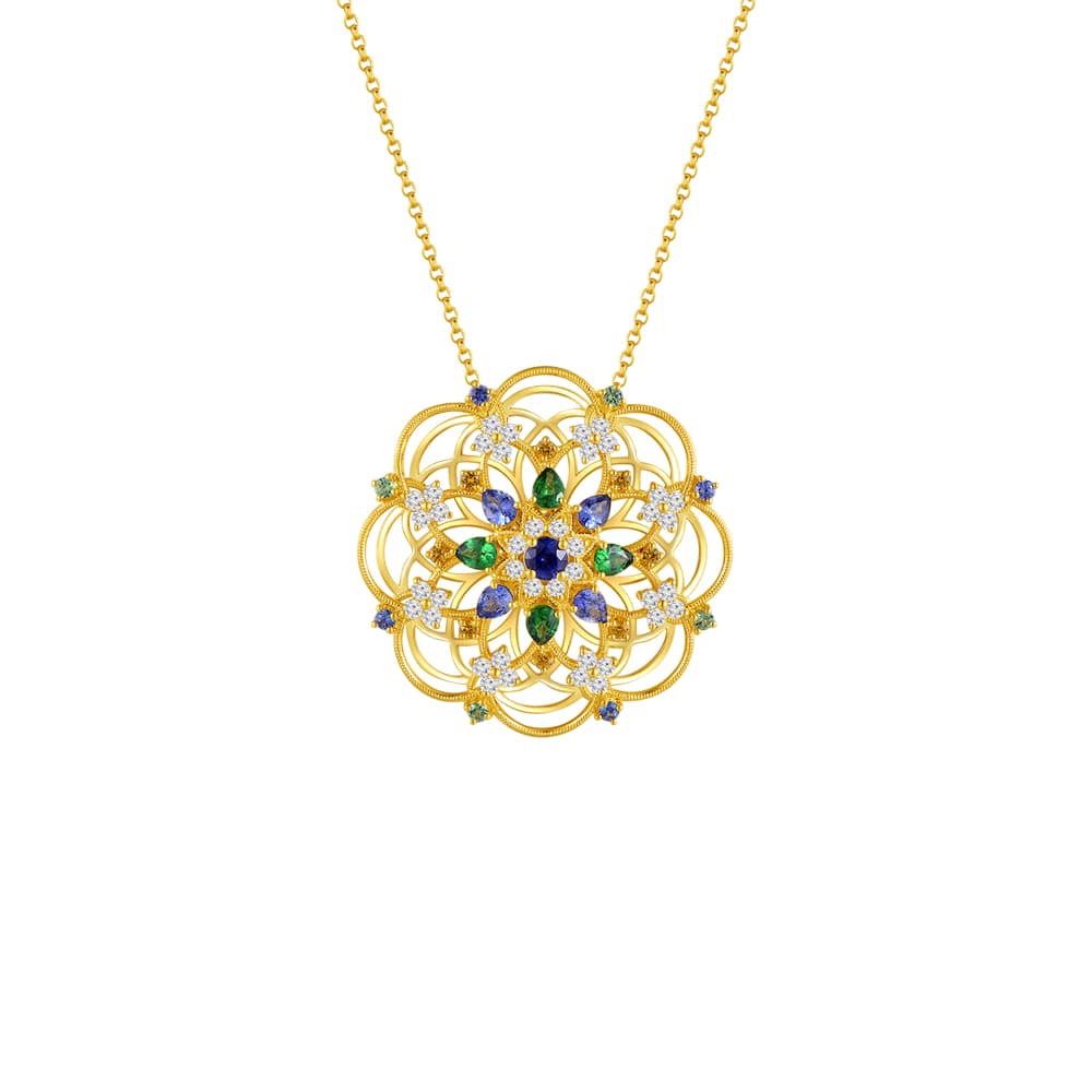 Multicolor Sapphire Green Garnet Diamond Kaleidoscope Pendant with Chain