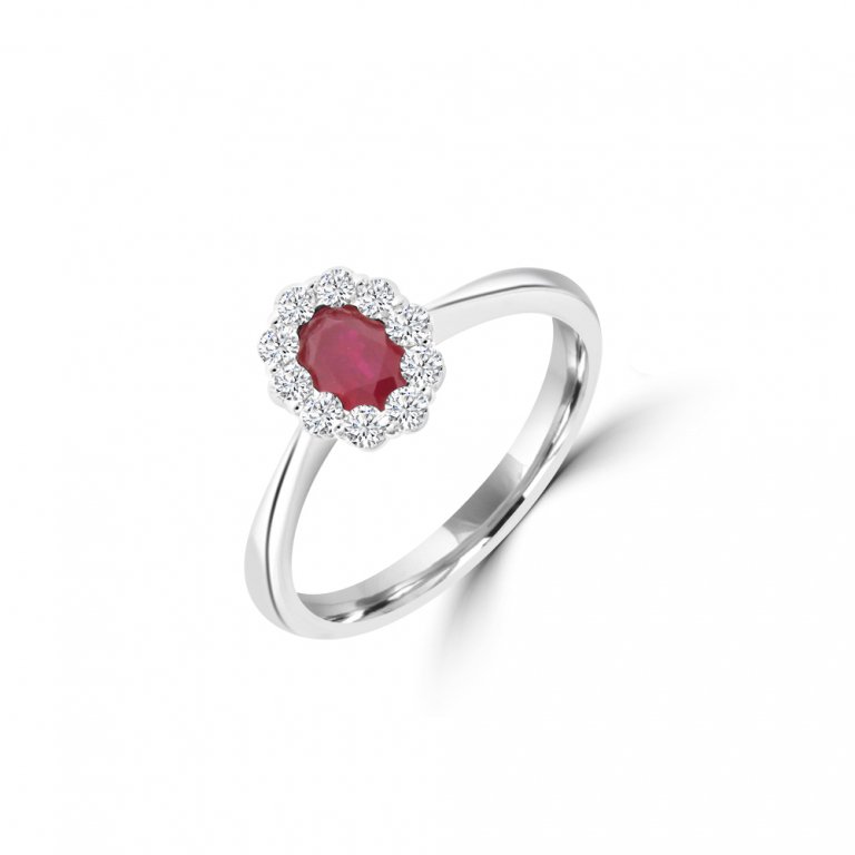 Oval Shaped Ruby Diamond Halo Ring in 18K White Gold