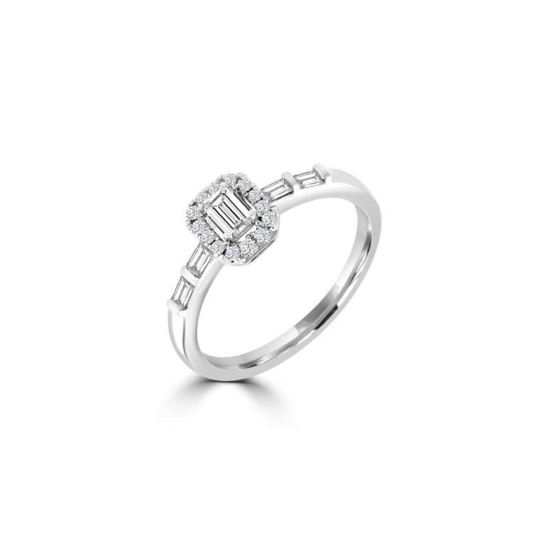 Halo Diamond Ring with Channel-Set Baguettes