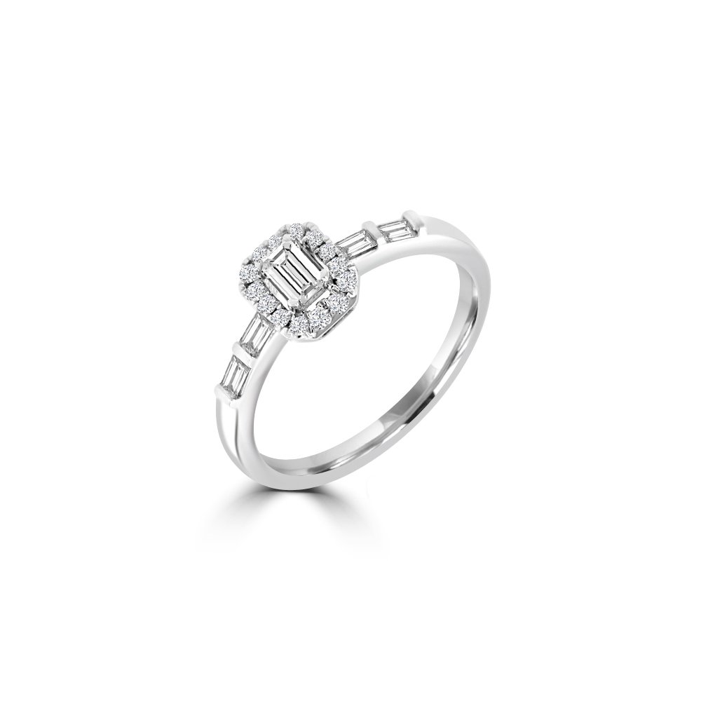 Halo Diamond Ring with Channel-Set Baguettes (0.49ct)