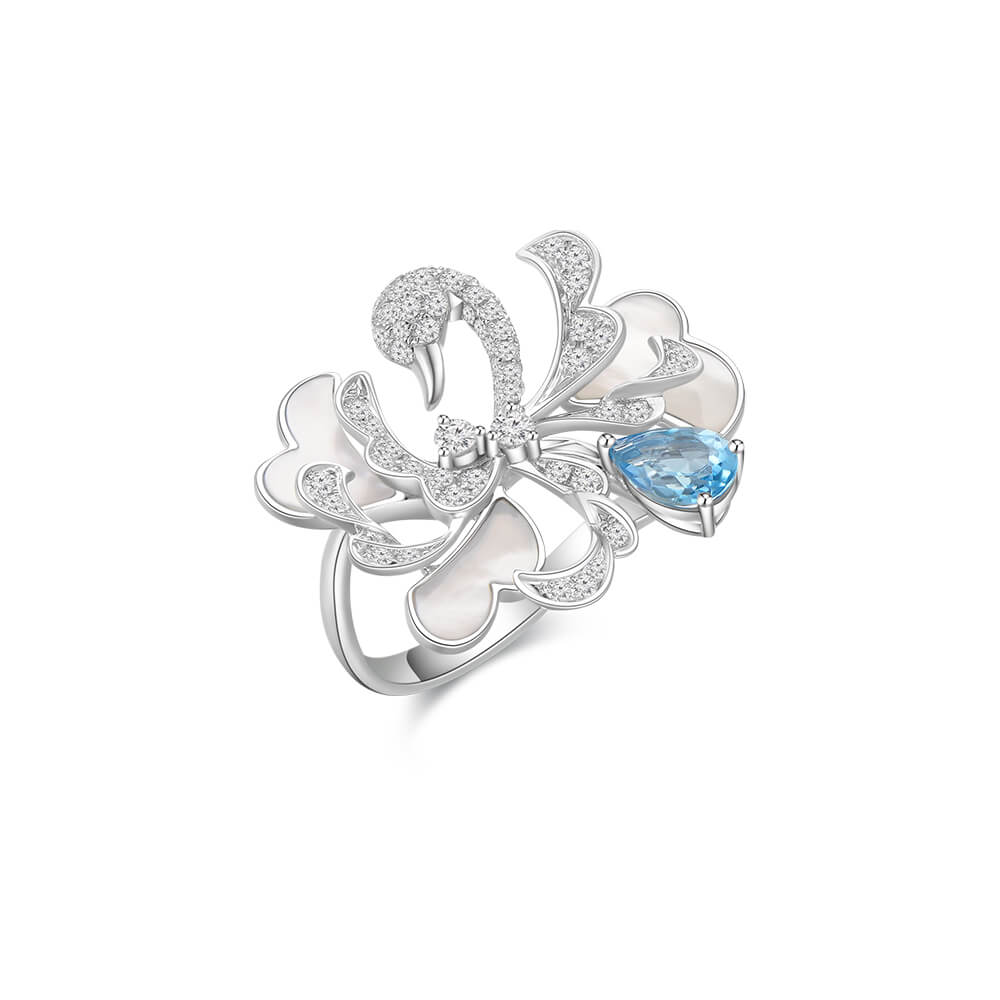 Blue Topaz Mother of Pearl Diamond Swan Ring
