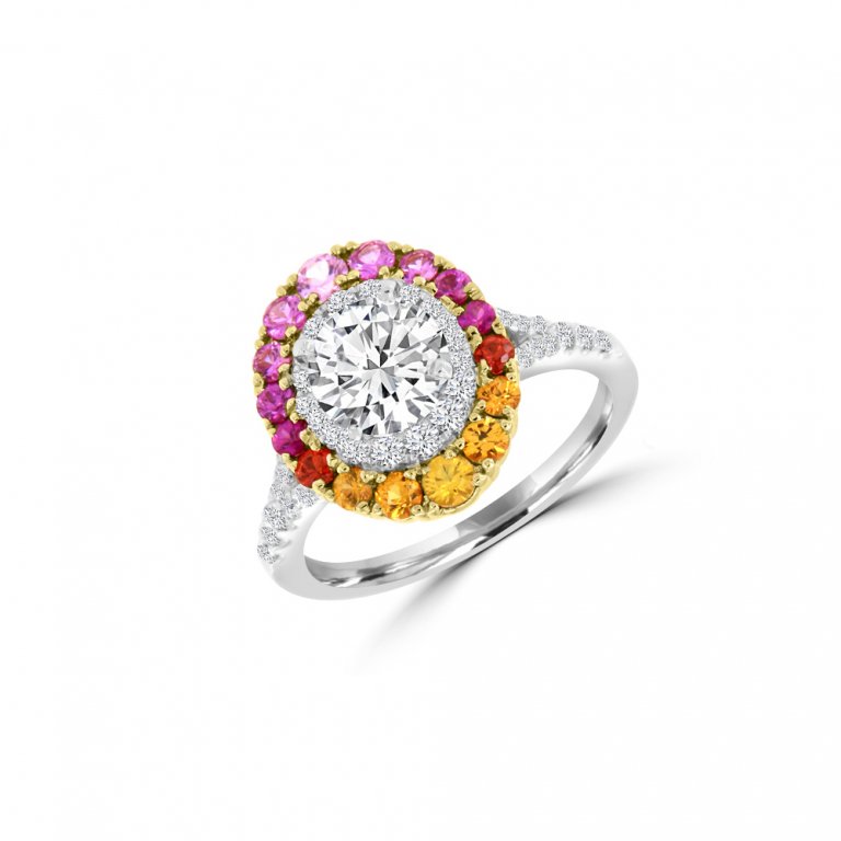 Rainbow Sapphire Diamond Oval Halo Engagement Ring in 18K White Gold, 18K Rose Gold