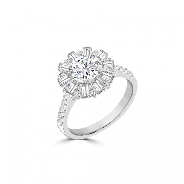 Baguette Diamond Sunburst Halo Engagement Ring in 18K White Gold