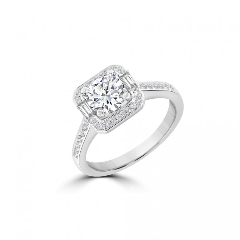 Baguette Diamond Cushion Halo Engagement Ring in 18K White Gold