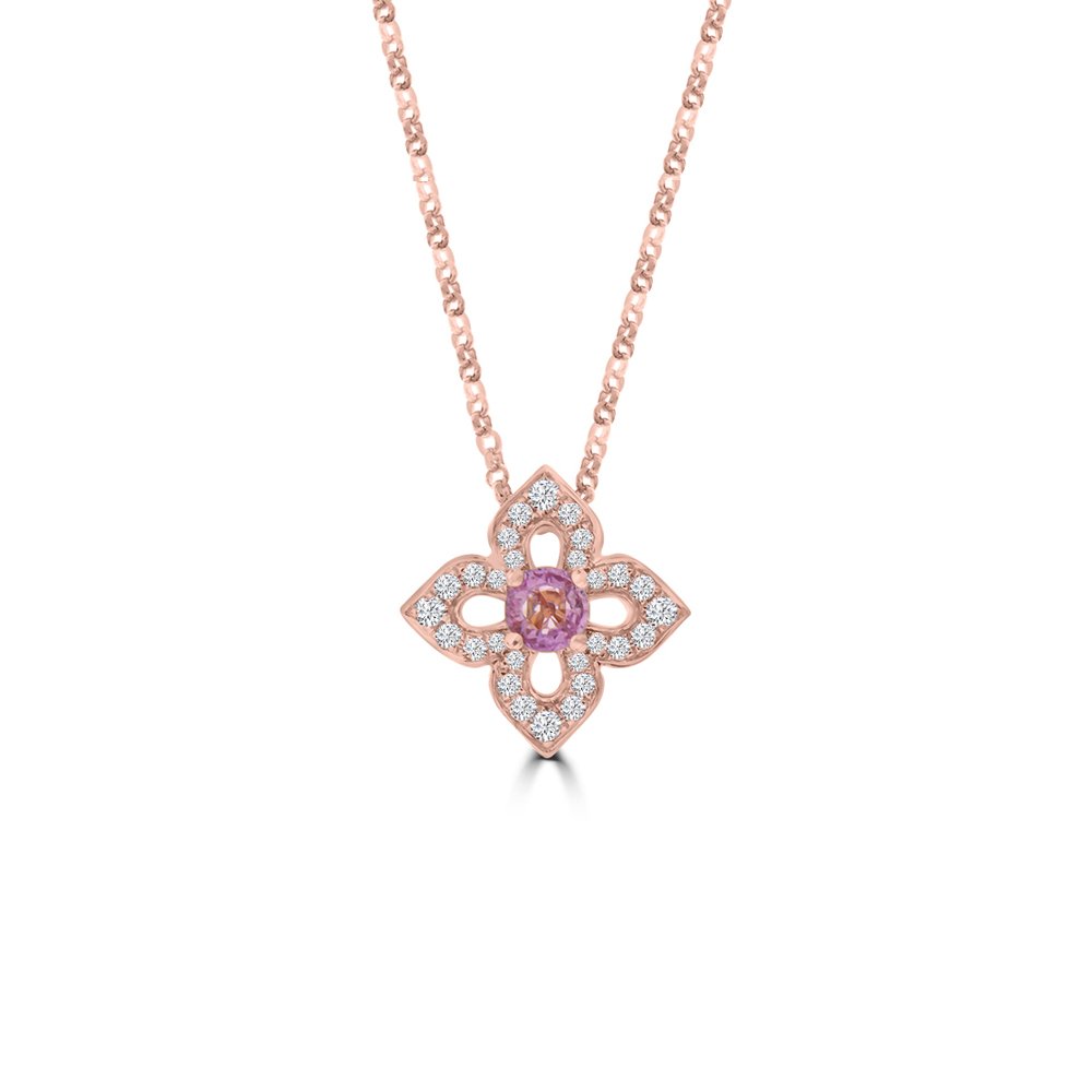 Pink Sapphire Diamond Open Petal Floral Pendant with Chain
