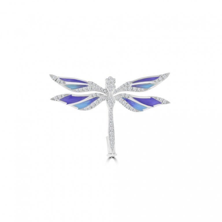 Diamond Enamel Dragonfly Brooch in 18K White Gold